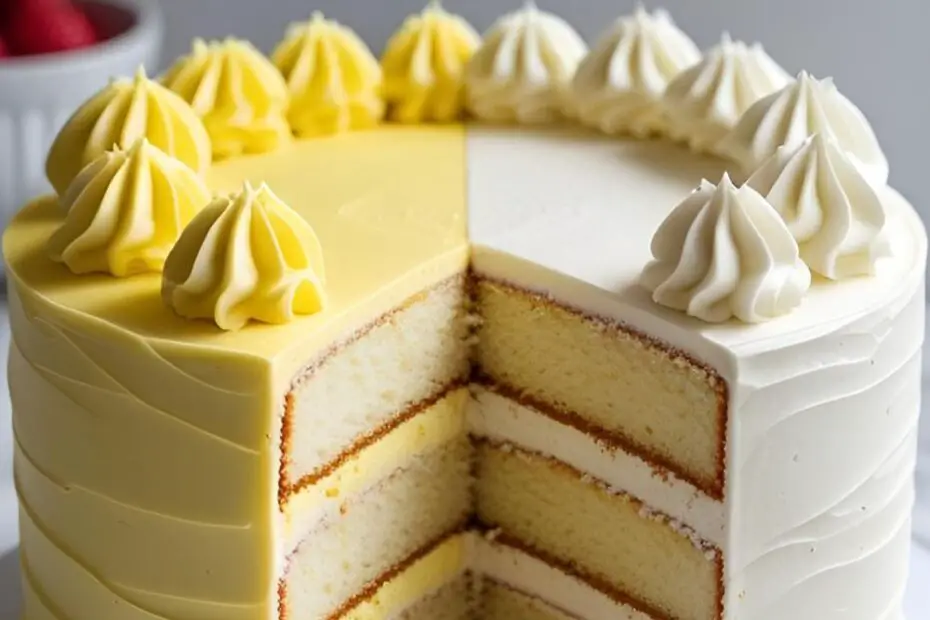 A beautifully decorated half cake on a cake stand, showing the clean, cut side with visible layers and the frosted, rounded side.