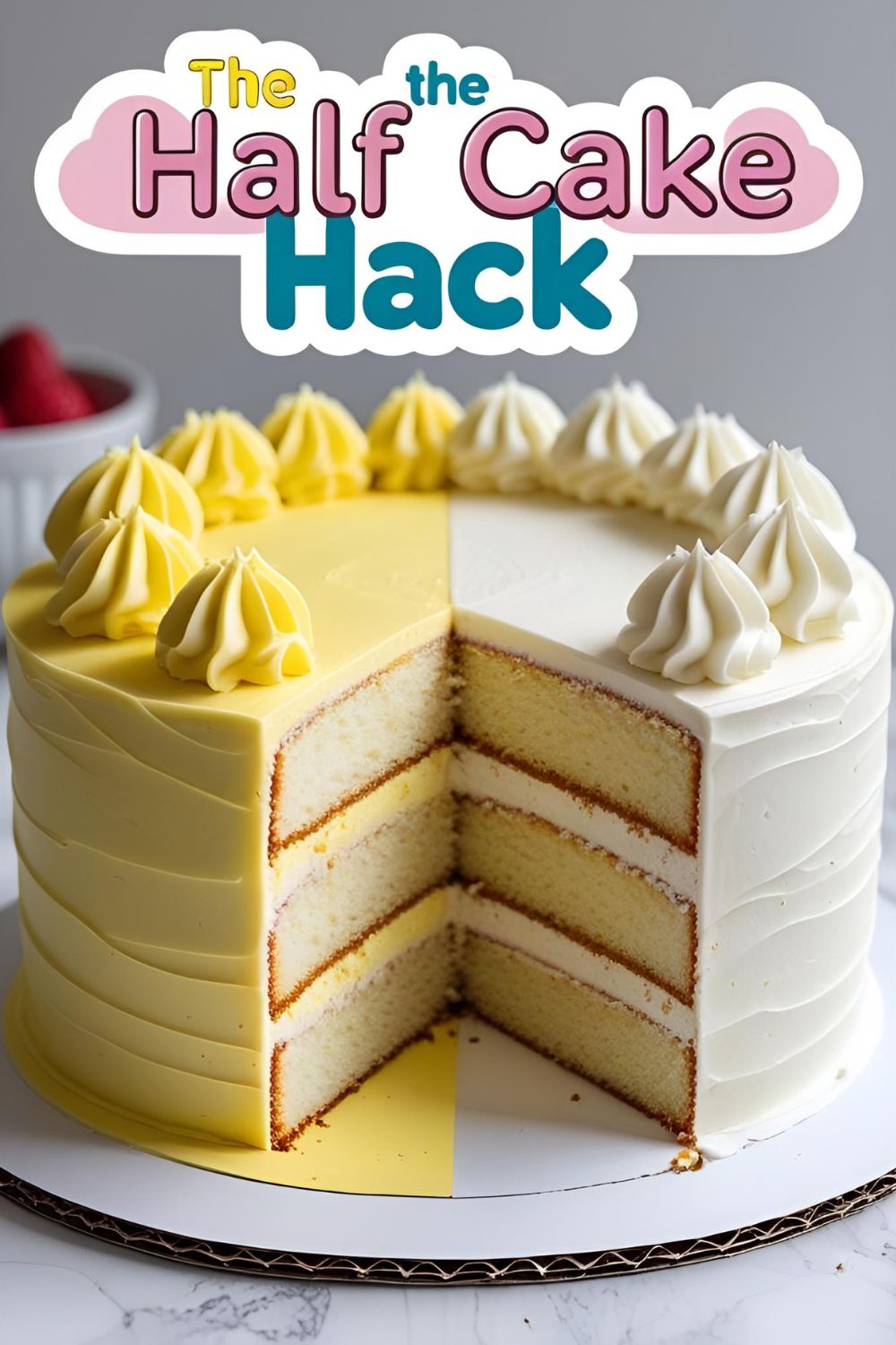 A beautifully decorated half cake on a cake stand, showing the clean, cut side with visible layers and the frosted, rounded side.