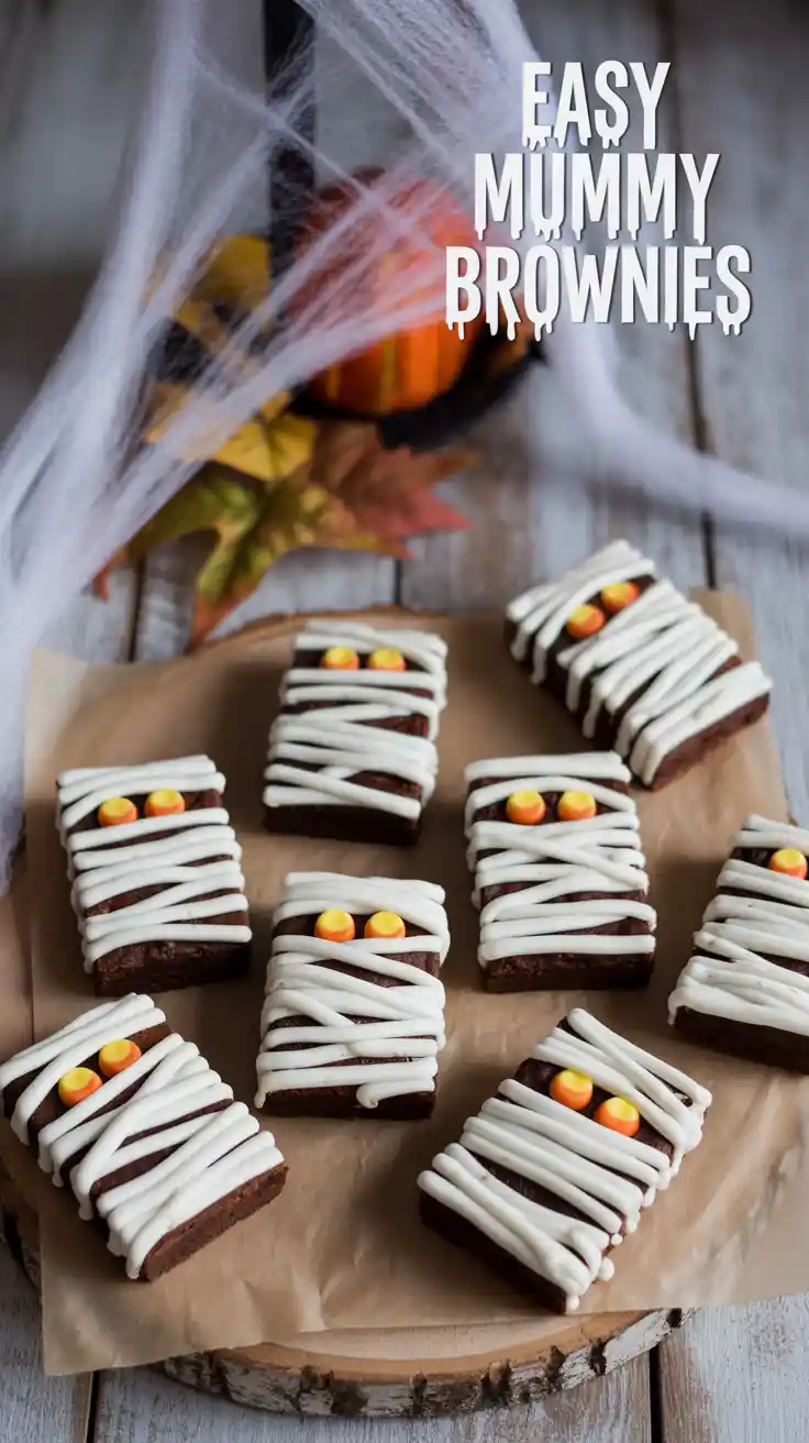 A fun and spooky tray of mummy brownies, a perfect example of easy Halloween baking ideas.