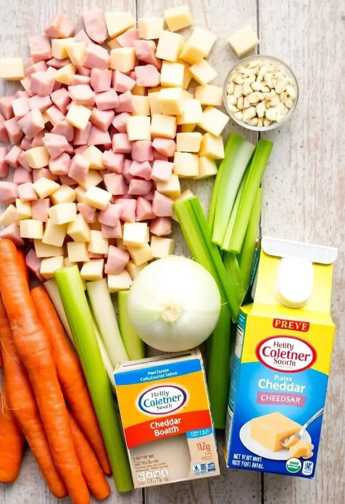 A rustic flat lay collage of ingredients for creamy ham and potato soup: diced cooked ham, potatoes, carrots, celery, onion, a block of cheddar cheese, and a carton of chicken broth.

