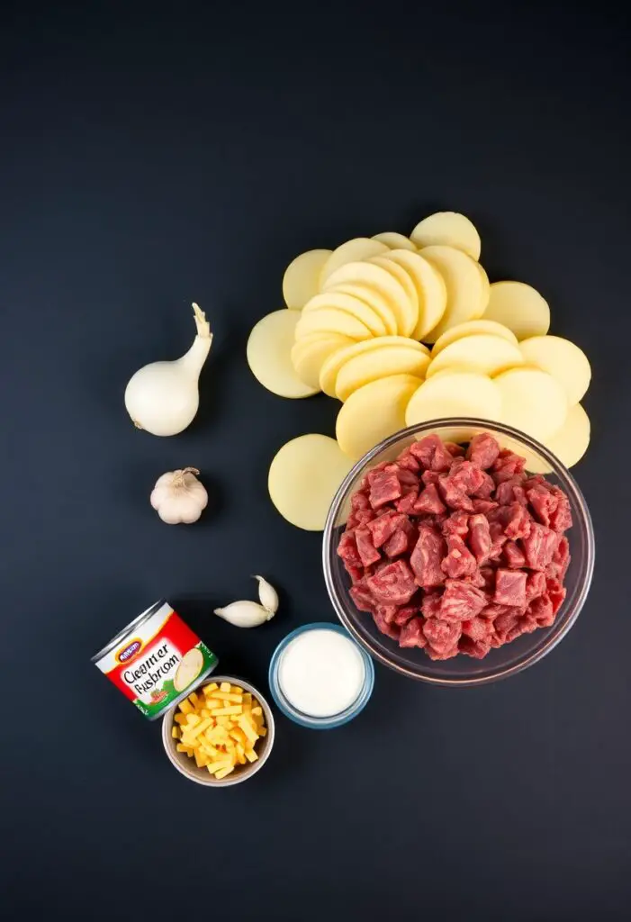 A flat lay of ingredients for hamburger potato casserole: raw ground beef, sliced potatoes, an onion, garlic, a can of soup, and shredded cheese on a kitchen counter.