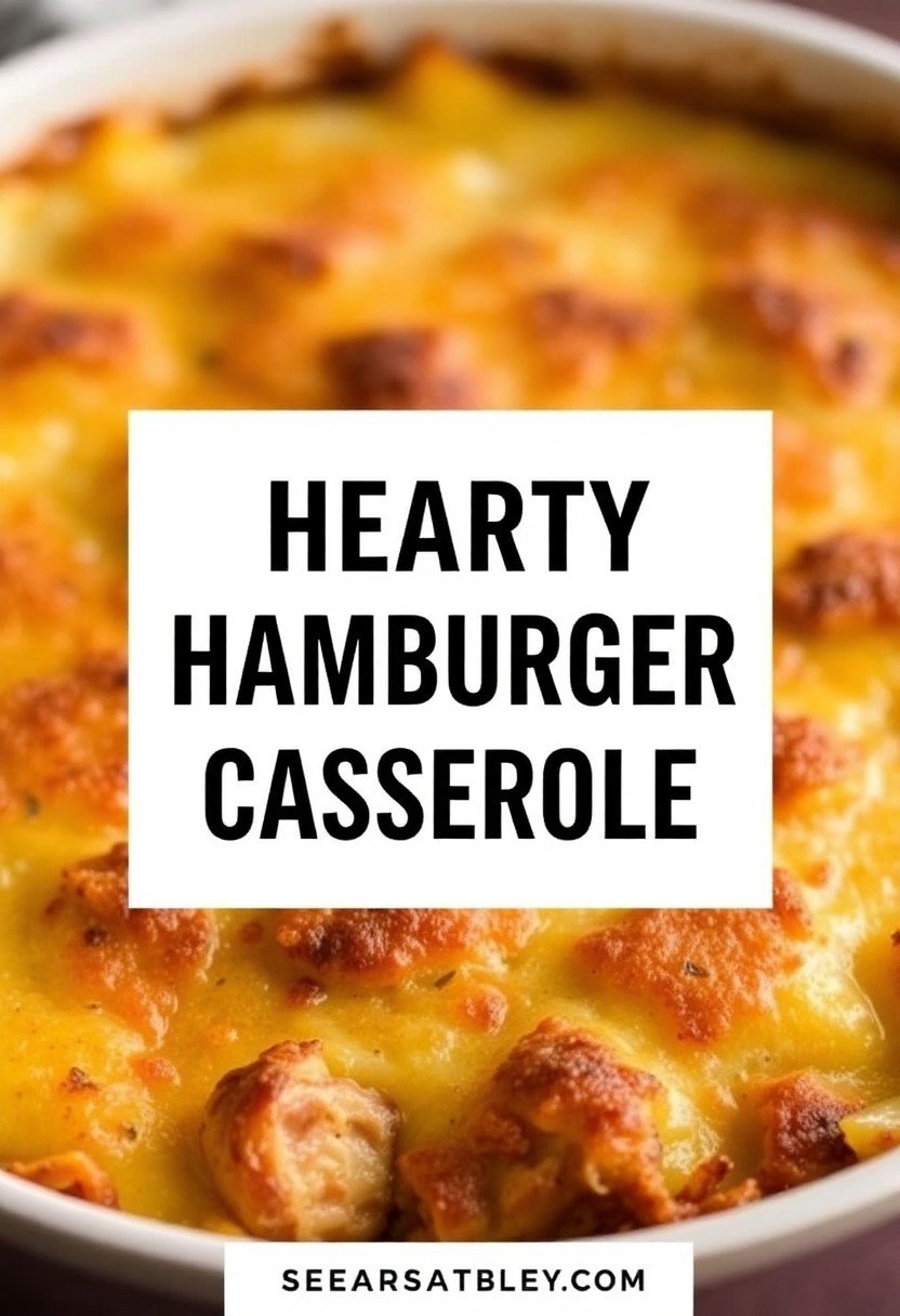 Text Overlay: "HEARTY HAMBURGER POTATO CASSEROLE" on a warm, rustic image of the baked casserole being served onto a plate.