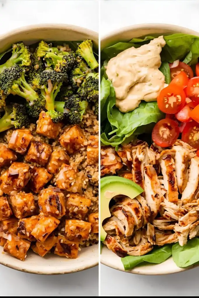Two different healthy chicken bowls, one with quinoa and roasted vegetables, the other with rice and fresh veggies.