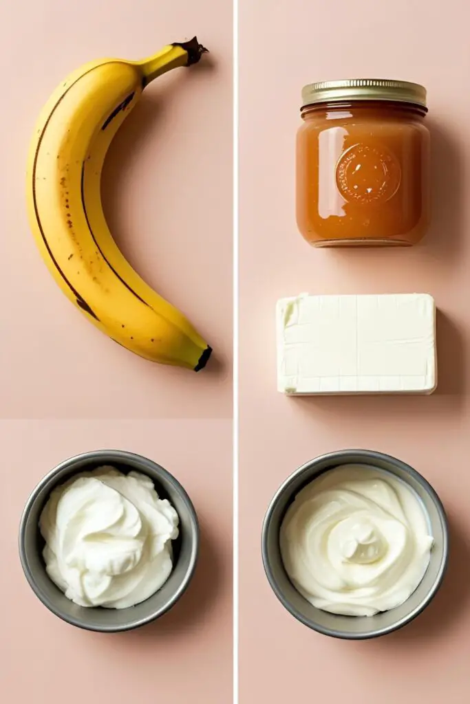 The healthy, baby-friendly ingredients needed to make a first birthday smash cake: banana, applesauce, and cream cheese.