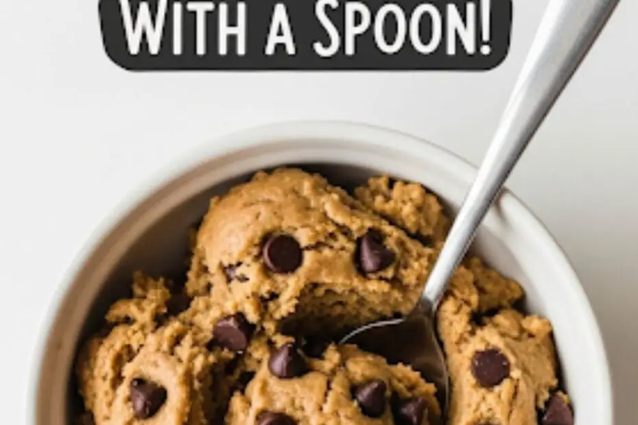 Text overlay "The Best Healthy Cookie Dough" over a vibrant image of a bowl of delicious-looking edible cookie dough studded with chocolate chips, with a spoon dipped in.