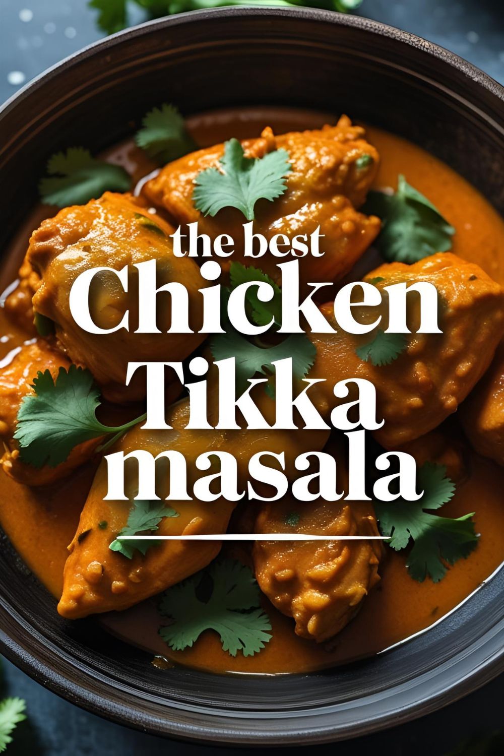 A bowl of homemade chicken tikka masala with a text overlay reading "The Best Chicken Tikka Masala."