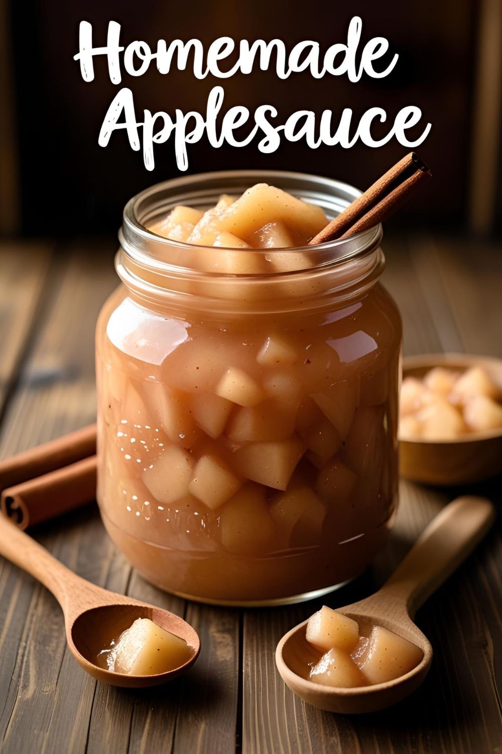A jar of rustic, chunky homemade applesauce with a cinnamon stick on top.