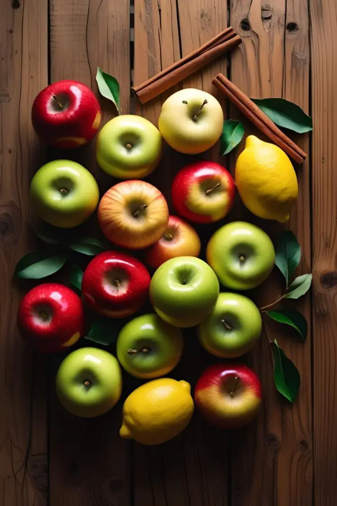  The fresh ingredients for making homemade applesauce, including a variety of colorful apples and a cinnamon stick.
