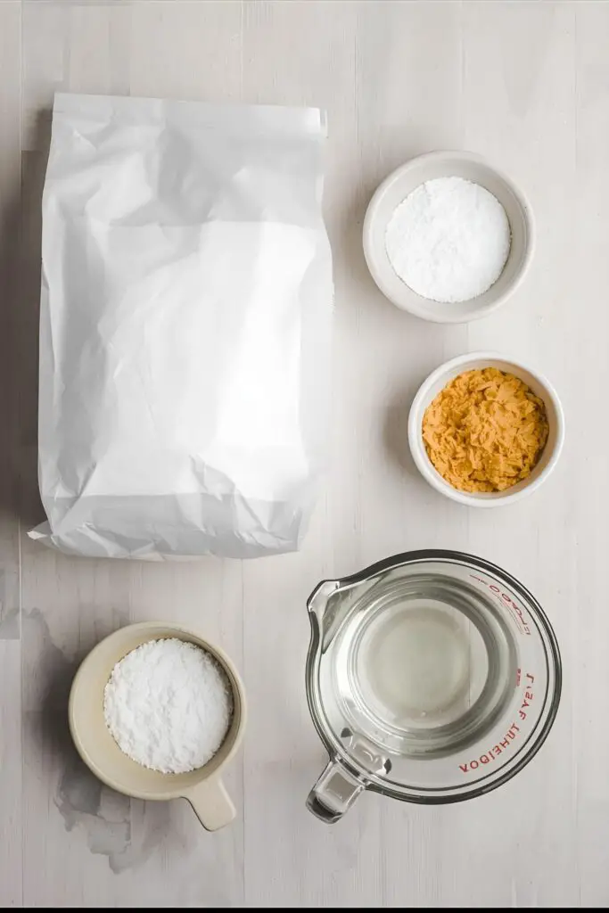 A flat-lay collage of bagel ingredients: bread flour, active dry yeast, sugar, salt, and water in a measuring cup, on a light wood surface
