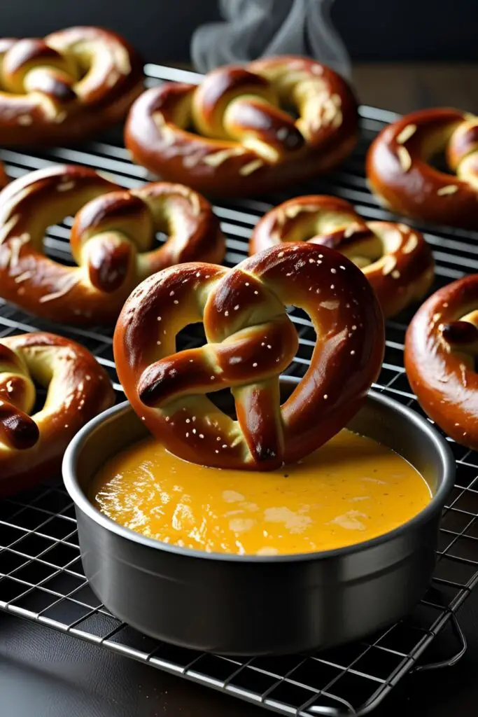 A batch of freshly baked, dark golden-brown Bavarian soft pretzels, with one being dipped into a pot of warm cheese sauce.