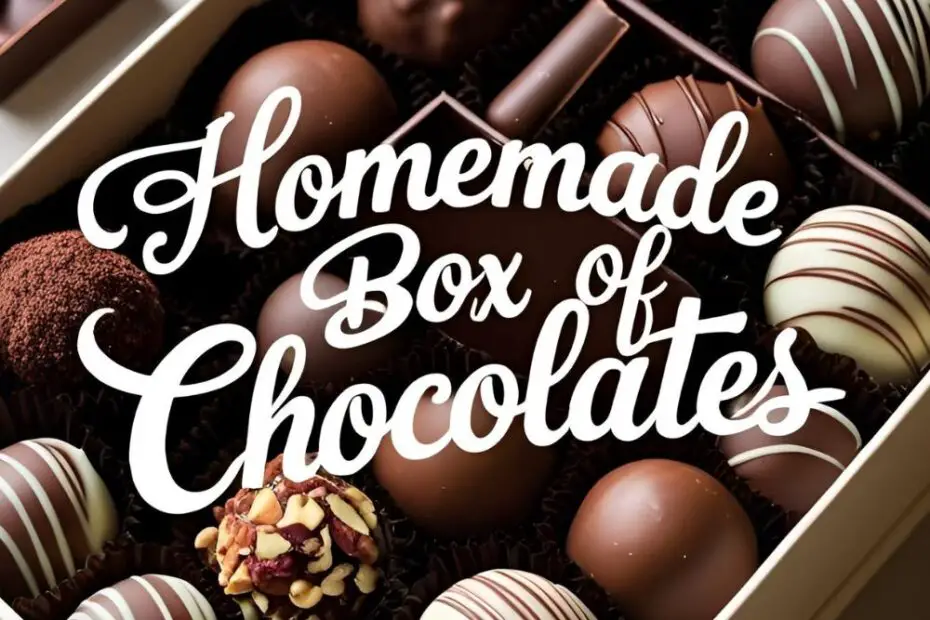 An elegant open box filled with assorted homemade chocolate truffles, with the text overlay "Homemade Box of Chocolates."