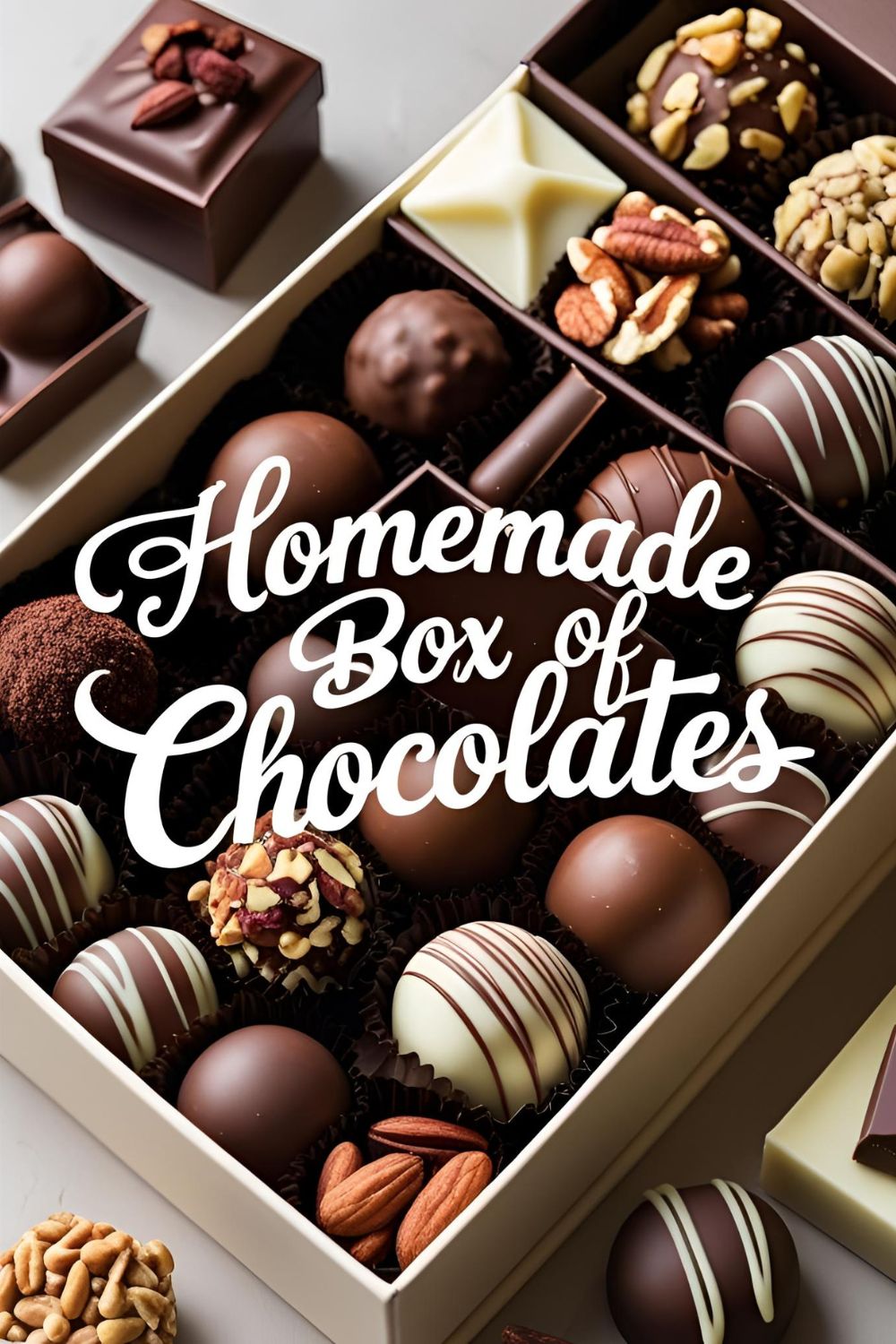 An elegant open box filled with assorted homemade chocolate truffles, with the text overlay "Homemade Box of Chocolates."