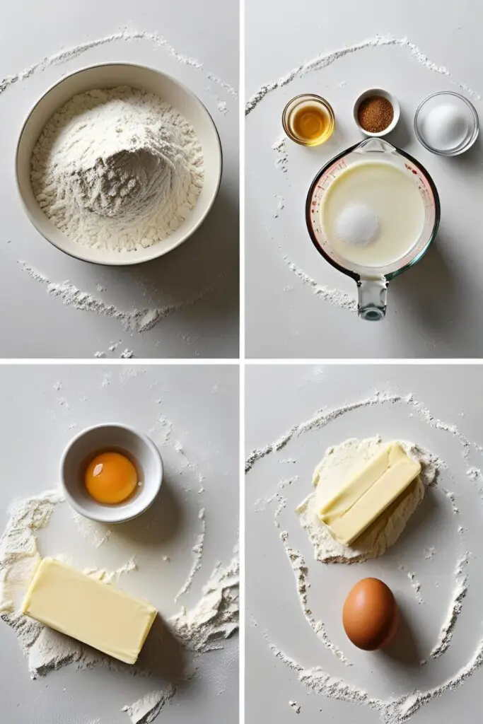 The simple ingredients needed to make soft and fluffy homemade buns: flour, milk, yeast, butter, and an egg.