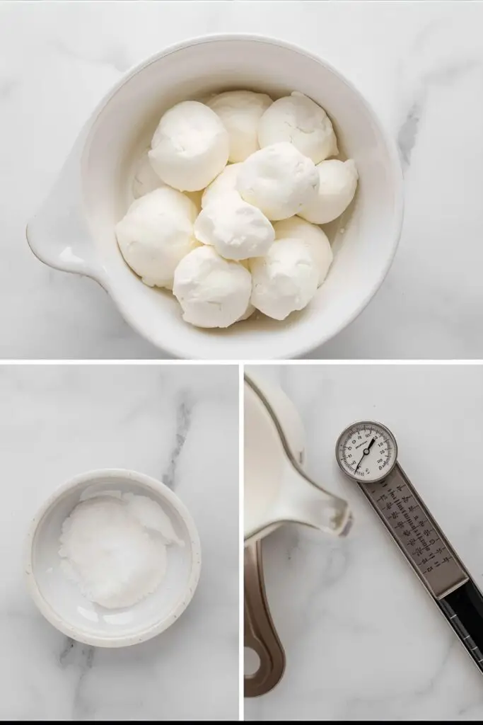 The essential ingredients for making homemade burrata: fresh mozzarella curd, heavy cream, and salt.