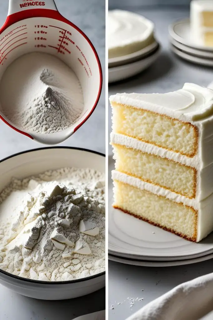 Two images showing the process and result of making cake flour: one of removing flour, and a close-up of a tender slice of cake.