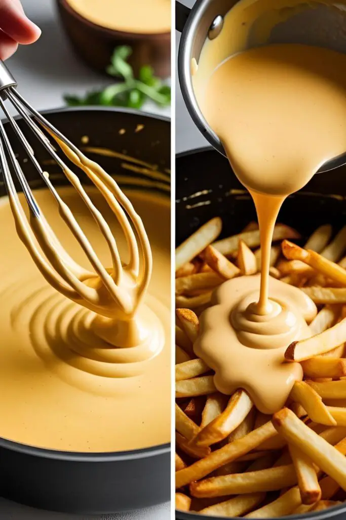 Two images showing how to make loaded fries: one of making the cheese sauce, and a close-up of pouring the sauce over crispy fries.