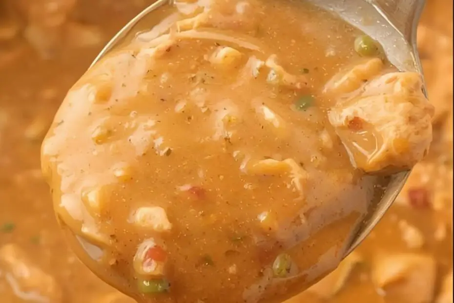 A ladle pouring silky homemade chicken gravy with the text overlay "Easy Homemade Chicken Gravy."