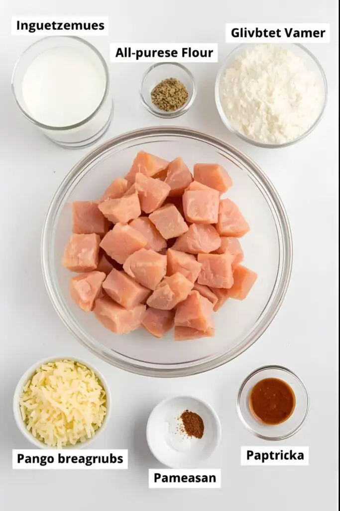 A flat lay of ingredients for homemade chicken nuggets, including chicken, milk, flour, and Panko.
