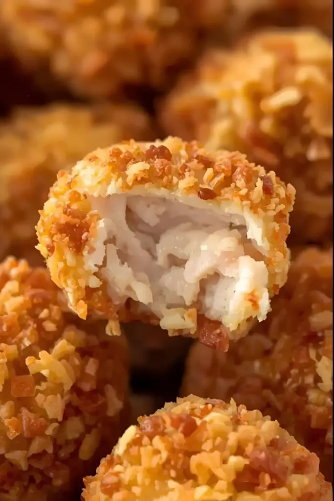 A plate of crispy homemade chicken nuggets with a dipping sauce, and a close-up of a single nugget.