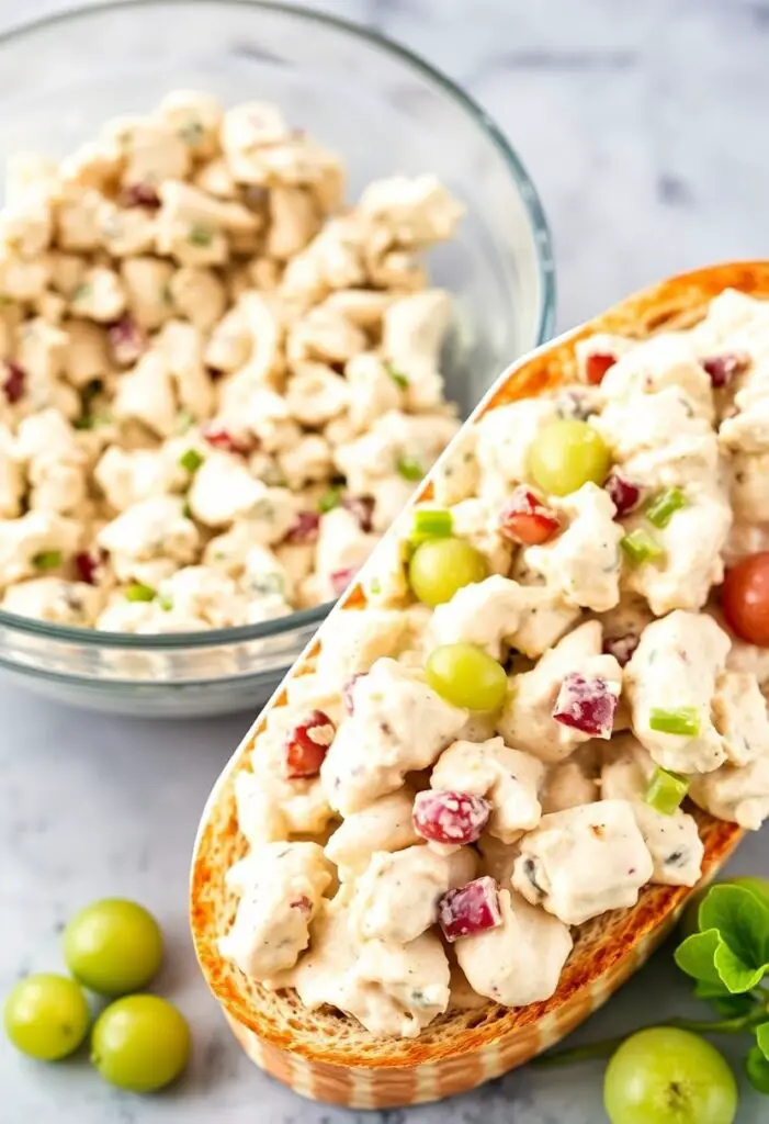 A two-panel image showing a large bowl of homemade chicken salad and a close-up of its texture on a slice of bread.