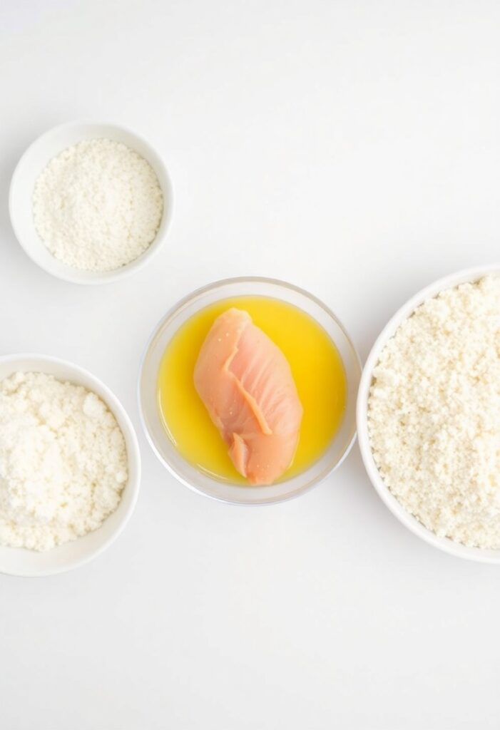 The ingredients and setup for the three-stage breading station for making crispy homemade chicken tenders.
