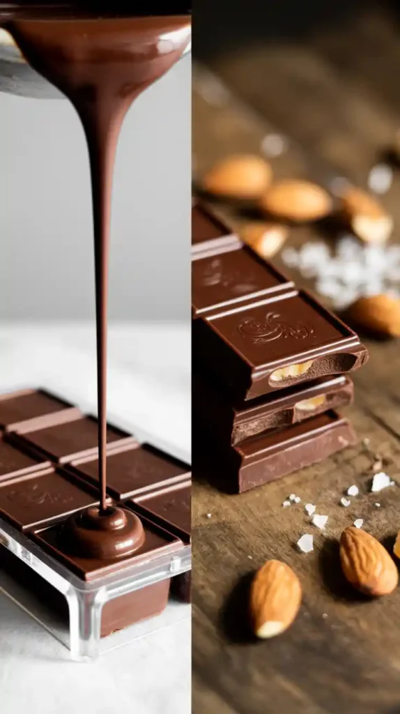 A two-panel image showing liquid chocolate being poured into a mold and the finished, broken homemade chocolate bar.