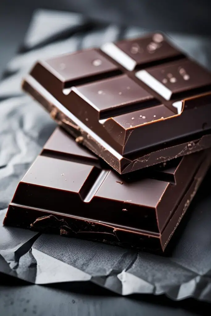 An extreme close-up of a finished homemade dark chocolate bar that has been snapped in half, showing the clean break and texture.