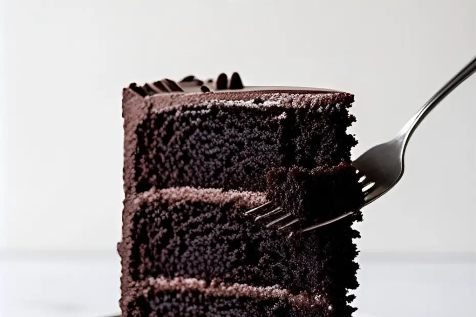 A decadent slice of homemade chocolate cake with the text overlay "The Best Homemade Chocolate Cake."