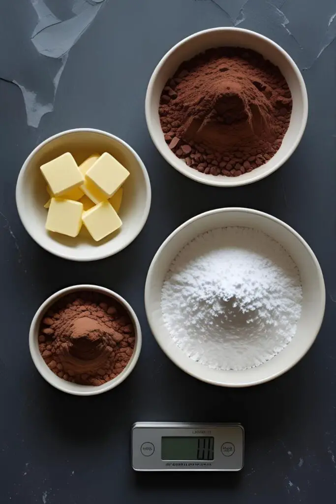 A scientific-looking flat-lay of the core ingredients for making chocolate: cocoa butter wafers, a bowl of cocoa powder, and powdered sugar.