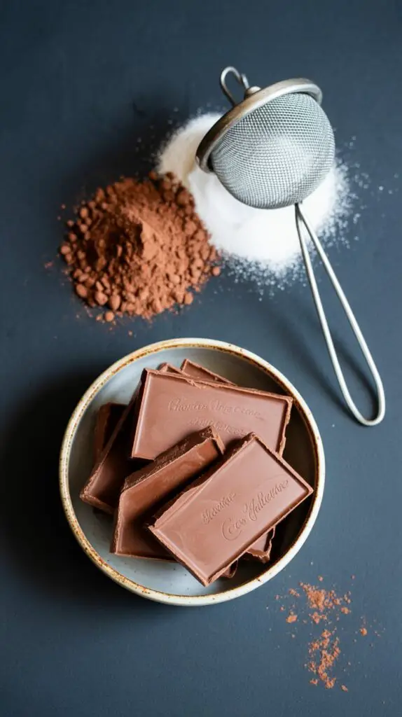 A flat lay of the ingredients needed to make homemade chocolate: cocoa butter, cocoa powder, and powdered sugar.