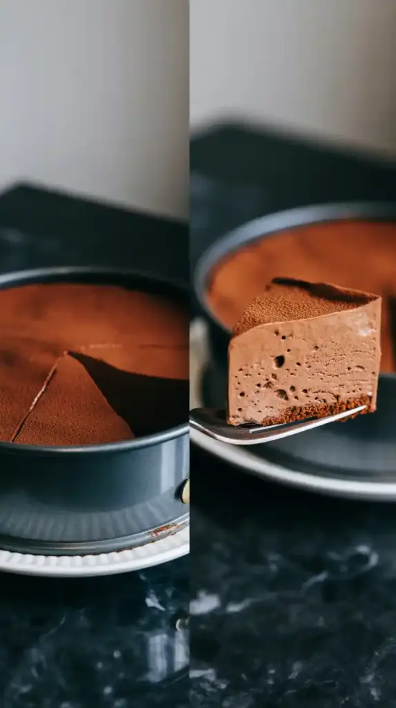 Two images of a chocolate mousse cake: the whole cake in its pan, and a close-up revealing the light, airy mousse texture.
