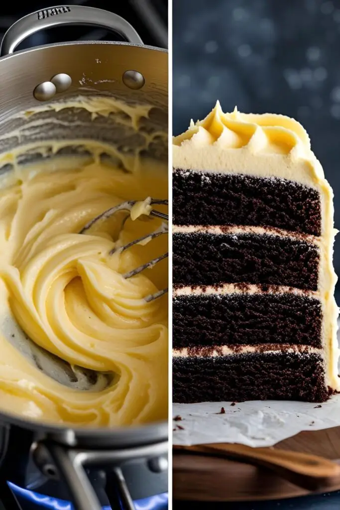 Two images showing the process of making German chocolate frosting: one of the custard in a pan, and a close-up of the finished frosting on a cake.