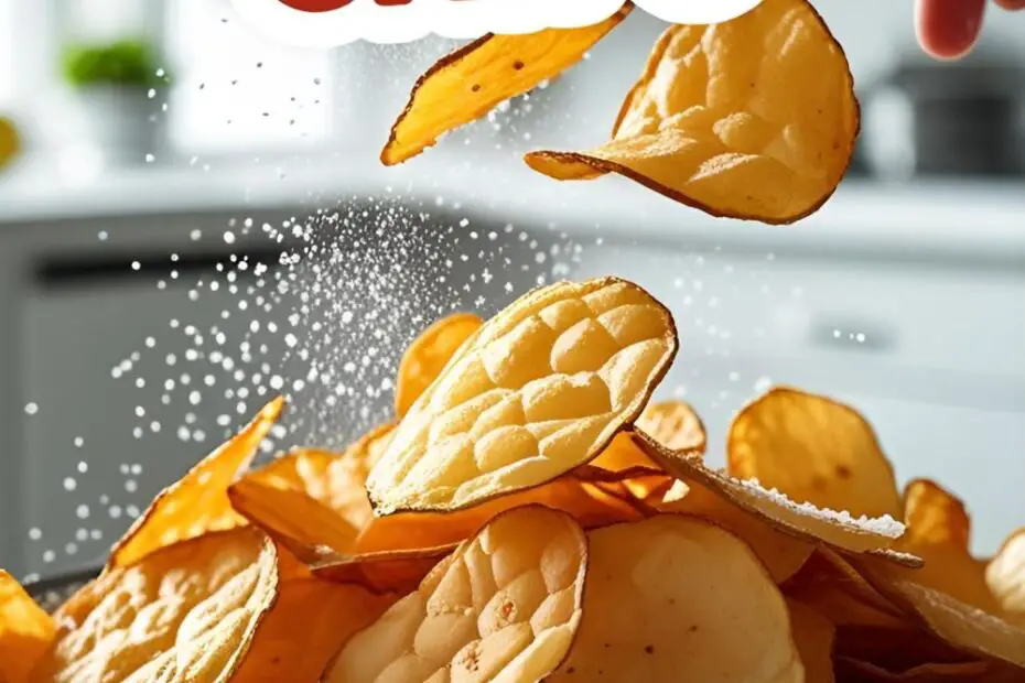 A bowl of freshly made, golden-brown homemade potato chips being tossed with salt.