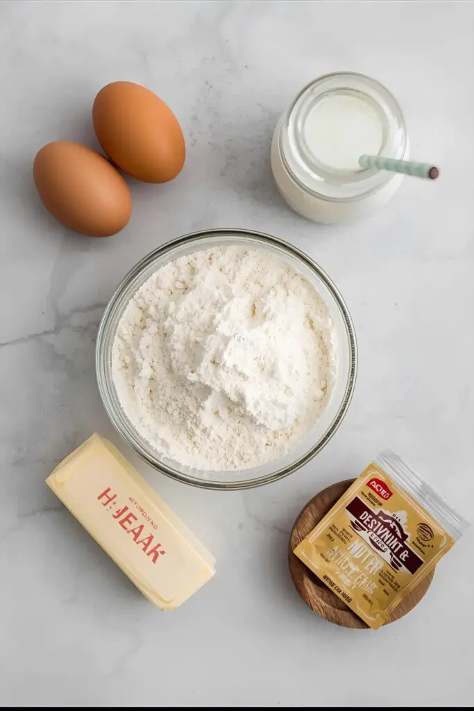 A flat-lay collage of donut ingredients: flour, milk in a glass bottle, eggs, butter, yeast, and a small bowl of nutmeg on a countertop.