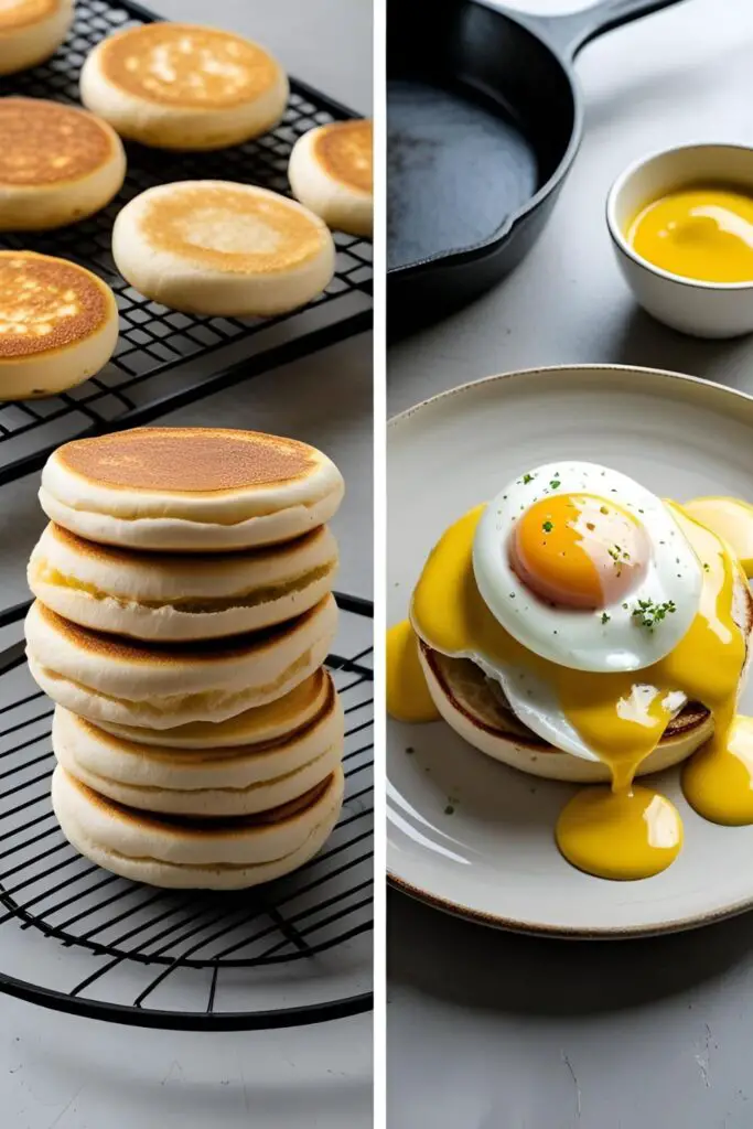 A stack of freshly griddled homemade English muffins and a finished plate of Eggs Benedict made with them.