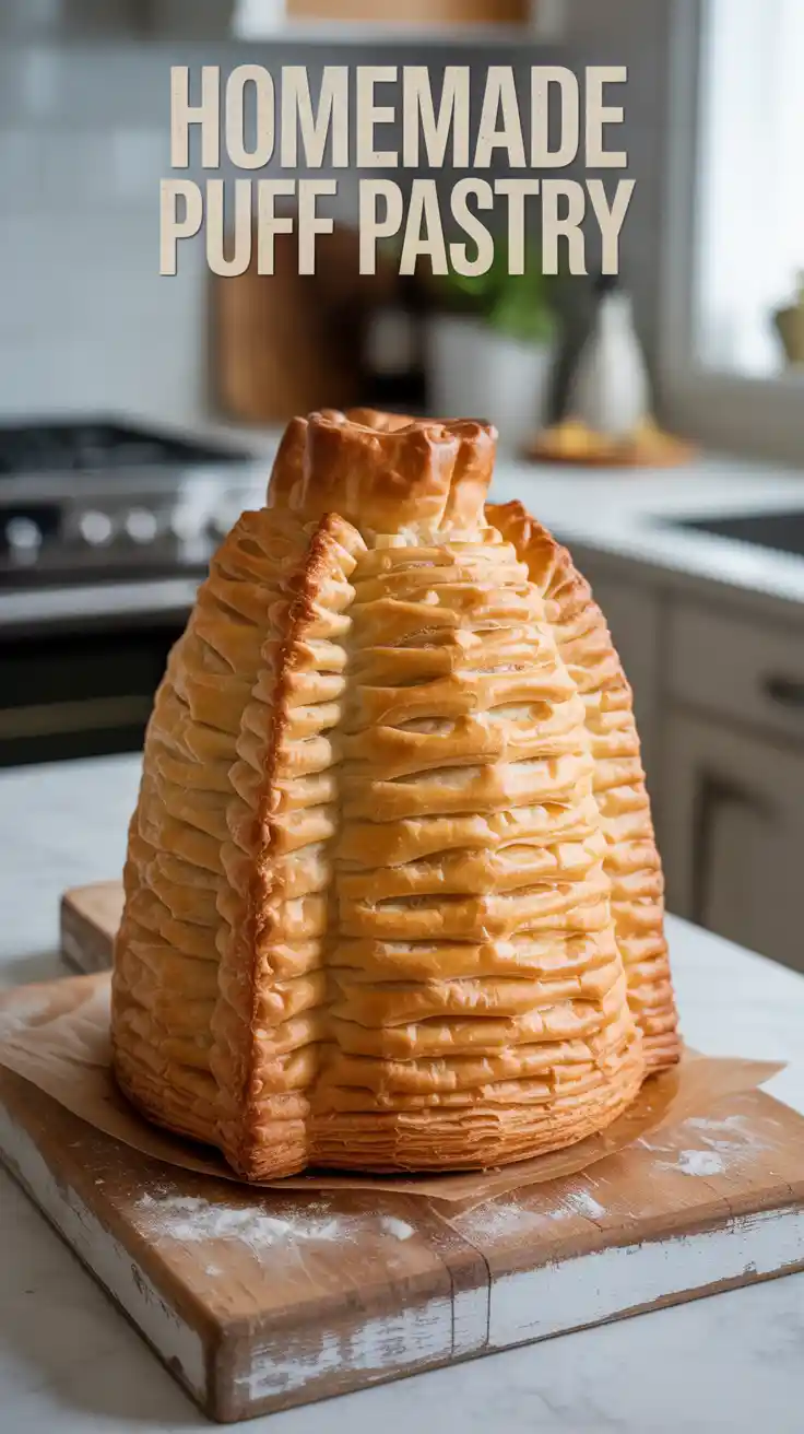 A flat lay of the four simple ingredients for puff pastry dough: flour, cold butter, salt, and ice water
