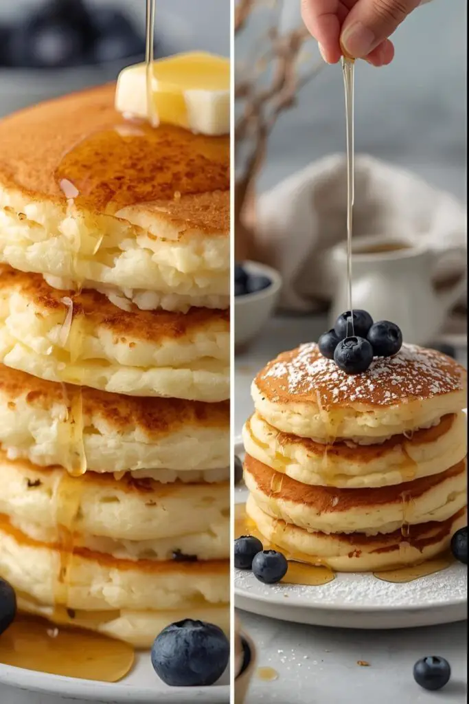 A close-up of a stack of incredibly fluffy homemade pancakes with visible air pockets, next to a wider shot of a plated serving.