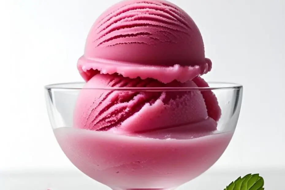 A scoop of vibrant pink raspberry sorbet in a glass bowl, garnished with a mint leaf.