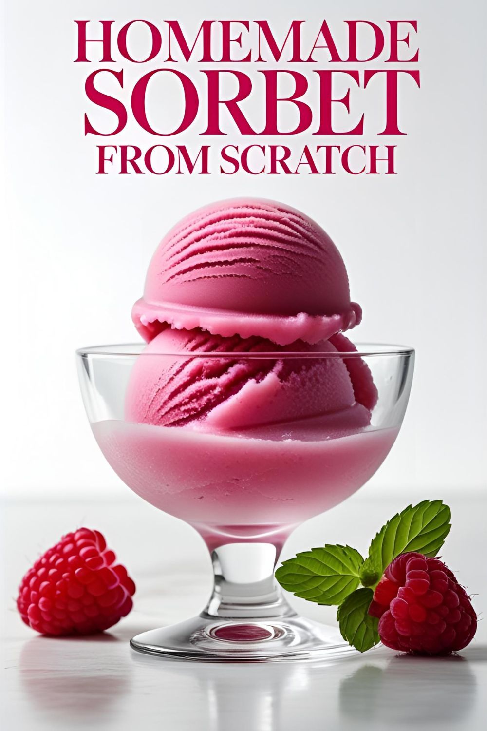 A scoop of vibrant pink raspberry sorbet in a glass bowl, garnished with a mint leaf.