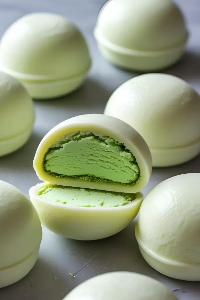 A homemade mochi ice cream ball cut in half, revealing a green tea ice cream filling inside the chewy mochi wrapper.