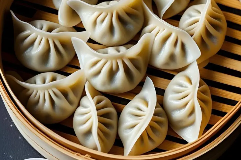 A bamboo steamer filled with fresh, homemade chicken momos next to a bowl of red dipping sauce