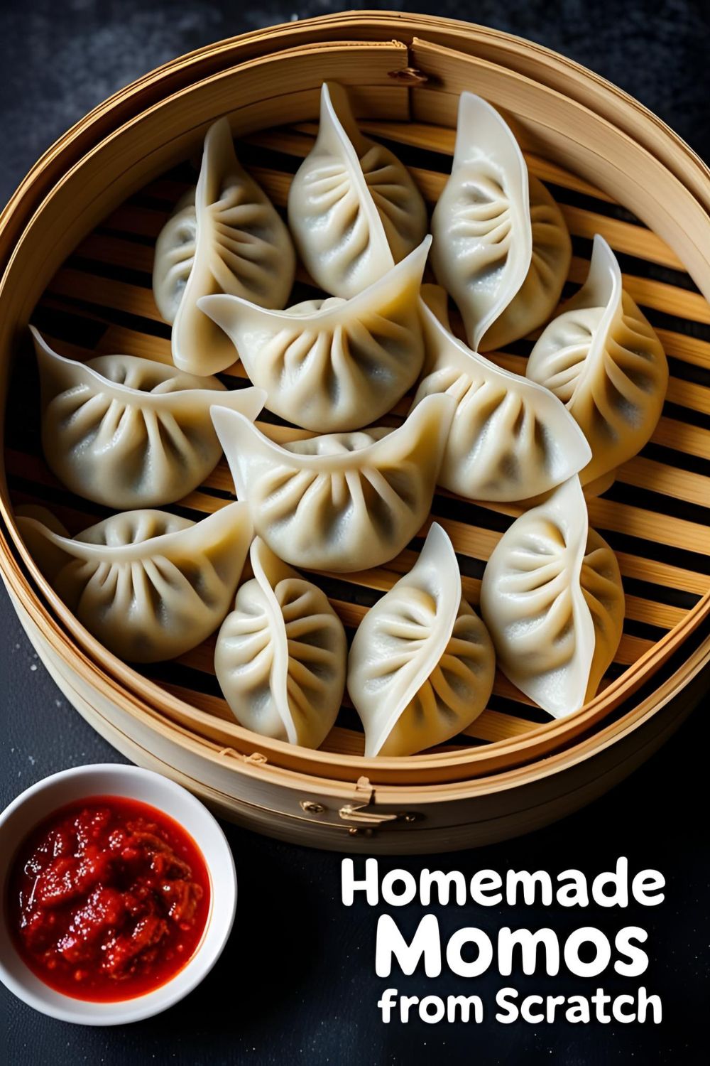 A bamboo steamer filled with fresh, homemade chicken momos next to a bowl of red dipping sauce