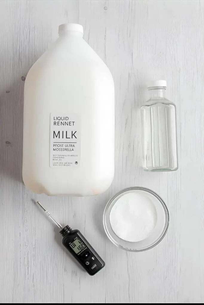The key ingredients for making homemade mozzarella: non-UHT milk, citric acid, liquid rennet, and a thermometer.