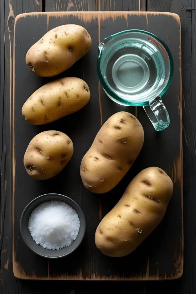 A flat lay of the ingredients for homemade potato chips: Russet potatoes, salt, and oil.