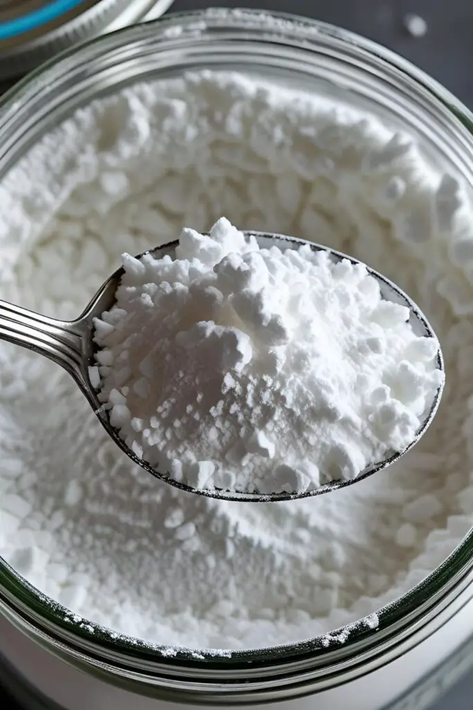 A close-up of a spoonful of soft, fluffy homemade powdered sugar, showing its fine texture.