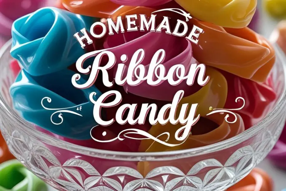 A crystal bowl filled with beautiful, colorful homemade ribbon candy, with the text overlay "Homemade Ribbon Candy."