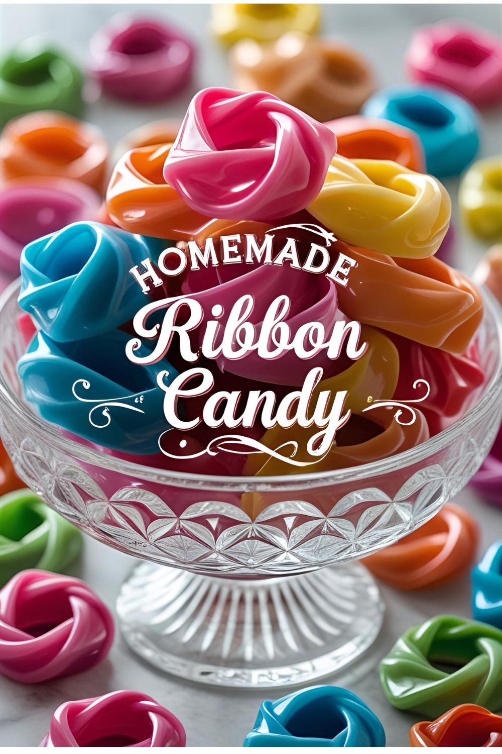 A crystal bowl filled with beautiful, colorful homemade ribbon candy, with the text overlay "Homemade Ribbon Candy."