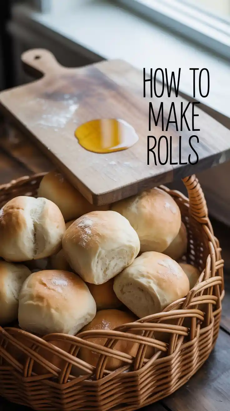 A basket overflowing with golden brown, soft homemade rolls, with a pat of butter on a wooden board in the background.