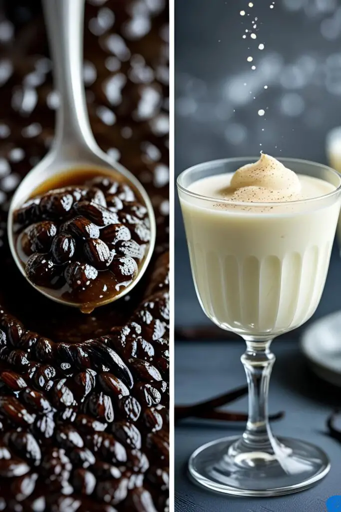 A side-by-side image showing a close-up of vanilla bean paste on a spoon and a dessert speckled with the paste, demonstrating its use.