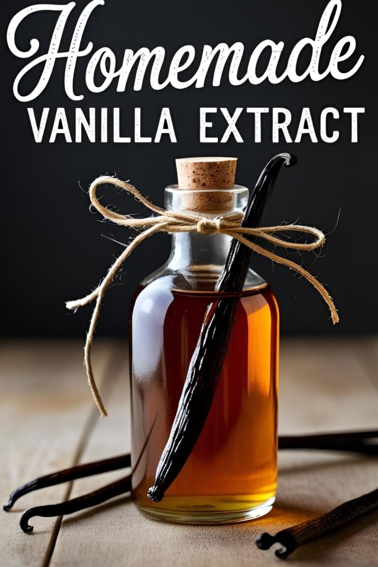 A beautiful bottle of homemade vanilla extract with the text overlay "Homemade Vanilla Extract."
